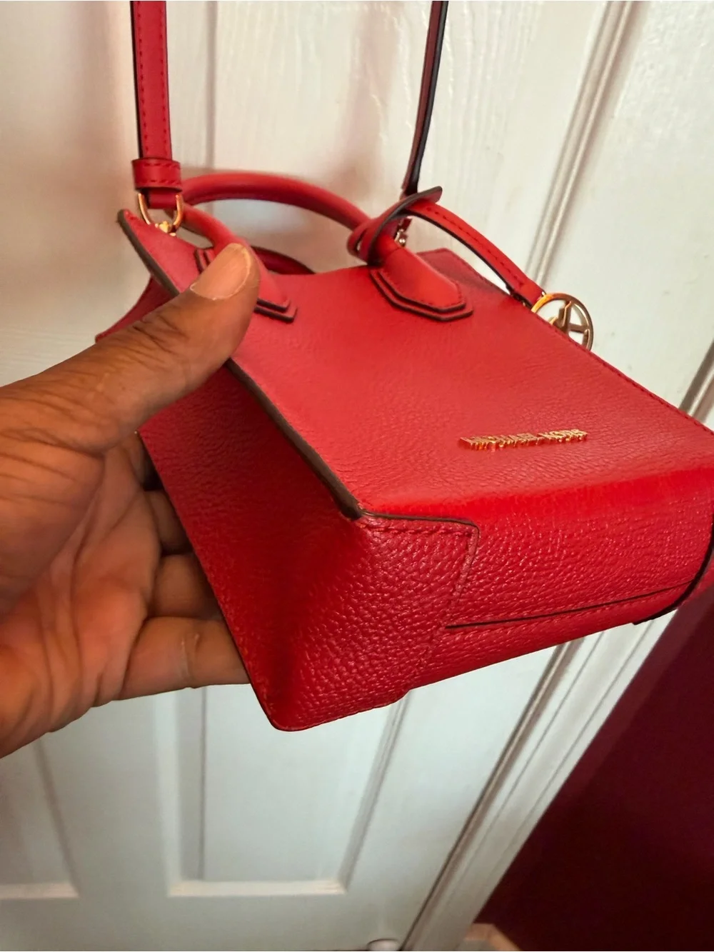 Michael Kors Red Pebbled Leather Mini Tote with Gold MK Charm